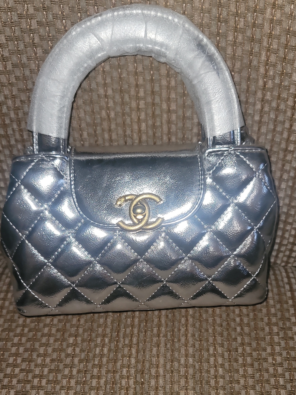 Quilted Metallic Silver Top-Handle Satchel